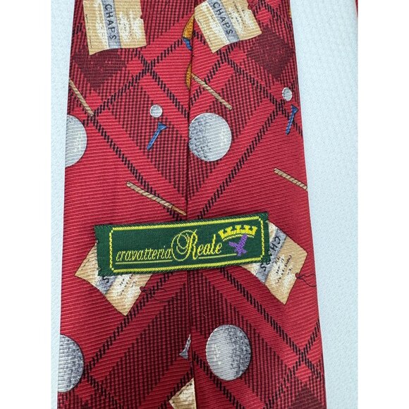Cravatteria Reale Red Silk Golf-Themed Tie Plaid Chaps Made In Italy 4" - Picture 5 of 8
